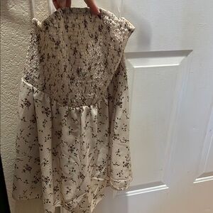 Floral Smocked Strapless Mini Dress - Cream with Brown Floral